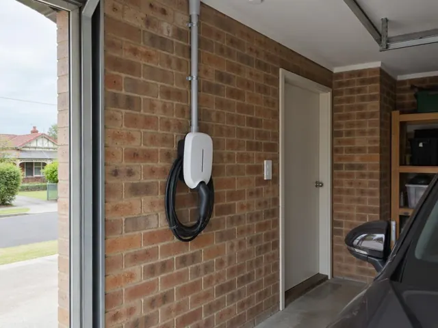Wall-mounted EV charger with coiled cable on a brick garage wall beside a driveway in Hamilton