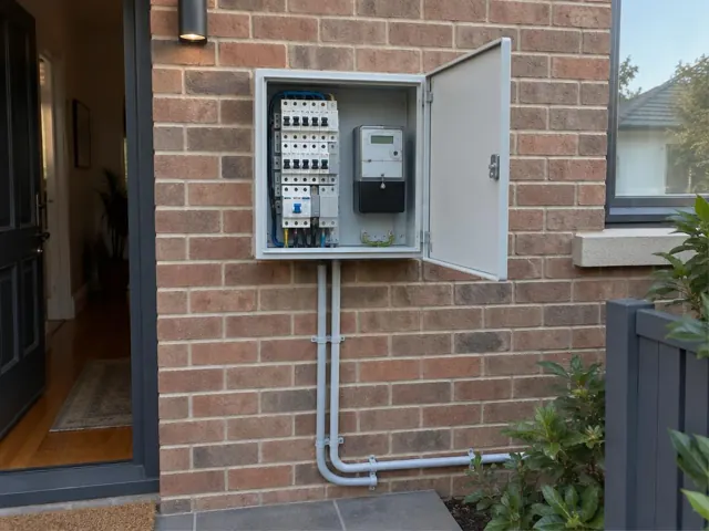 Open external switchboard on a brick house wall beside a front door in Cooks Hill